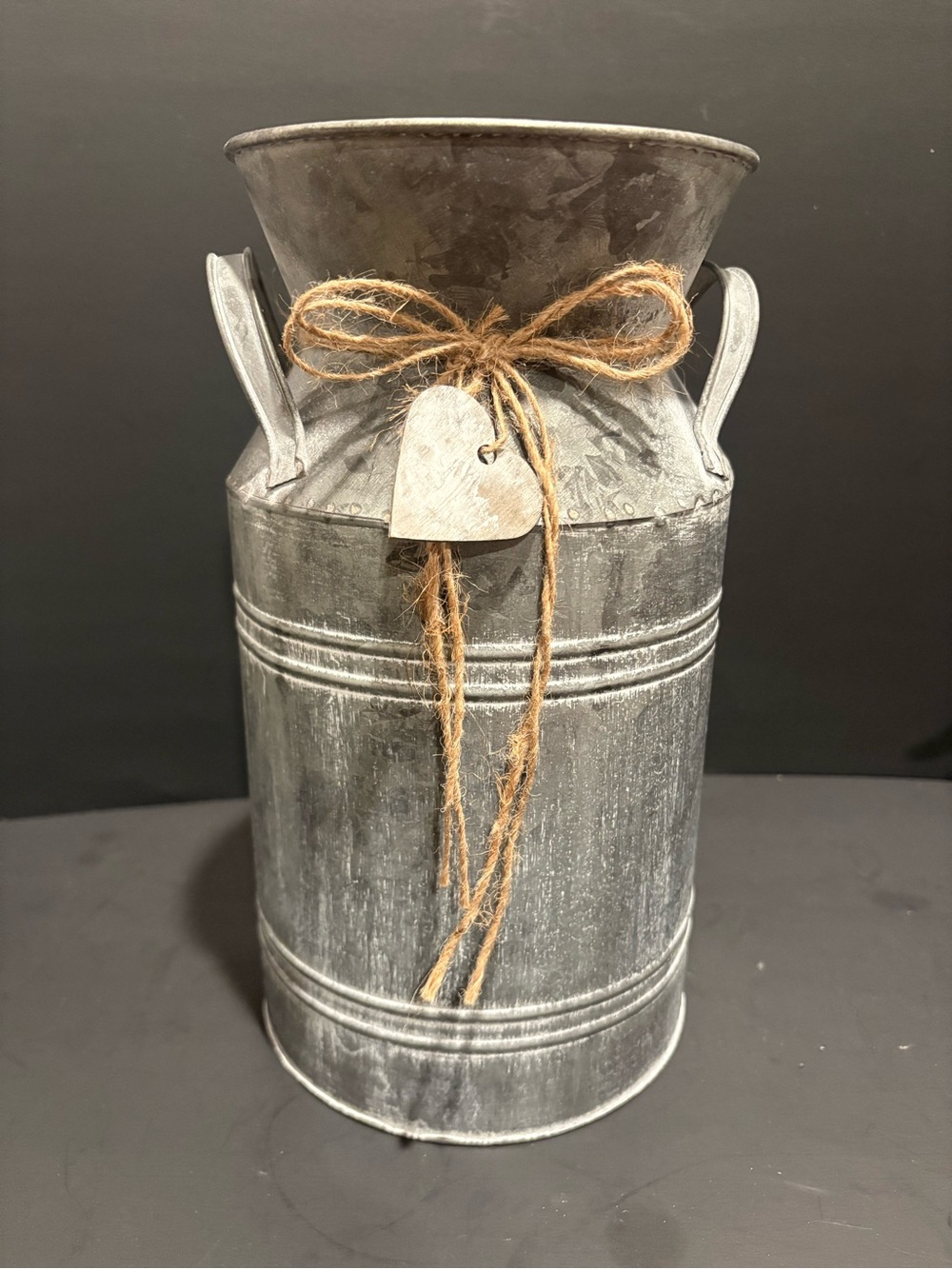 Rustic Galvanized Metal Milk Can Vase with Twine Heart 11”